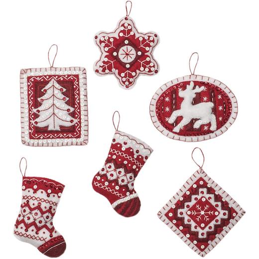  Bucilla 86964E Felt Applique 6 Pc. Ornament Kit, 4 x 4,  Nordic Christmas,red and White