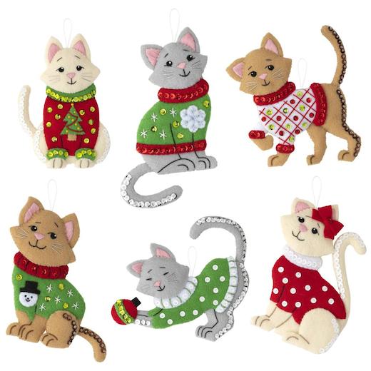 Bucilla Felt Ornaments Applique Kit Set of 6 Cats In Ugly Sweaters Buddly Crafts