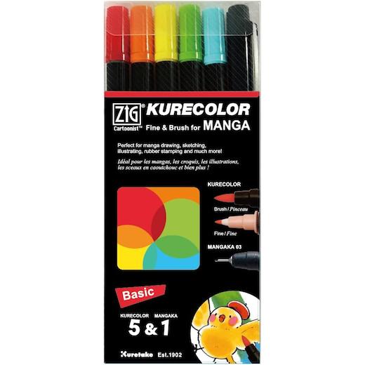 Kuretake Zig Cartoonist KURECOLOR Fine&Brush Pastel set, 5 colors with MANGAKA Black, Alcohol-based twin tipped marker pens, for Artist, Professional, Made in Japan