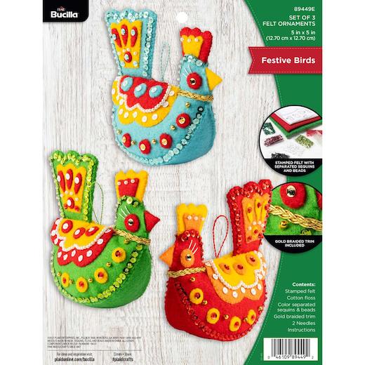 Bucilla Felt Ornaments Applique Kit Set of 3 Oversized Festive Birds