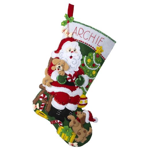Bucilla Felt Applique Stocking Kit - Jolly Pups Santa Design, 18 Inch DIY Christmas Craft